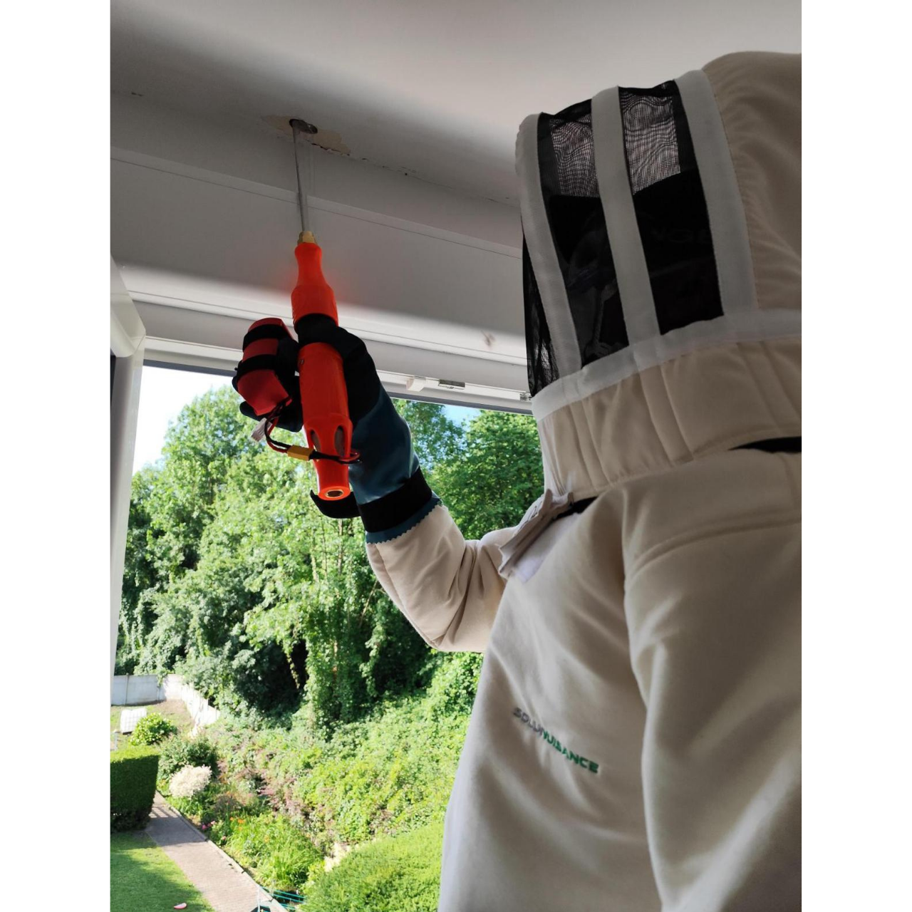 Traitement d'un nid de guêpes au plafond en combinaison apicole